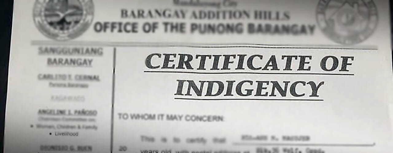 Sample certificate of indigency as requirements in the Small Claims Philippines