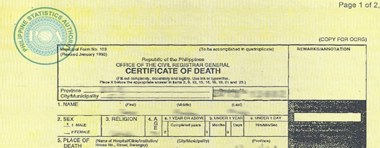 A sample of Certificate of Death with blurred details