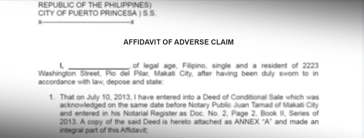 A front page of an affidavit oof adverse claim