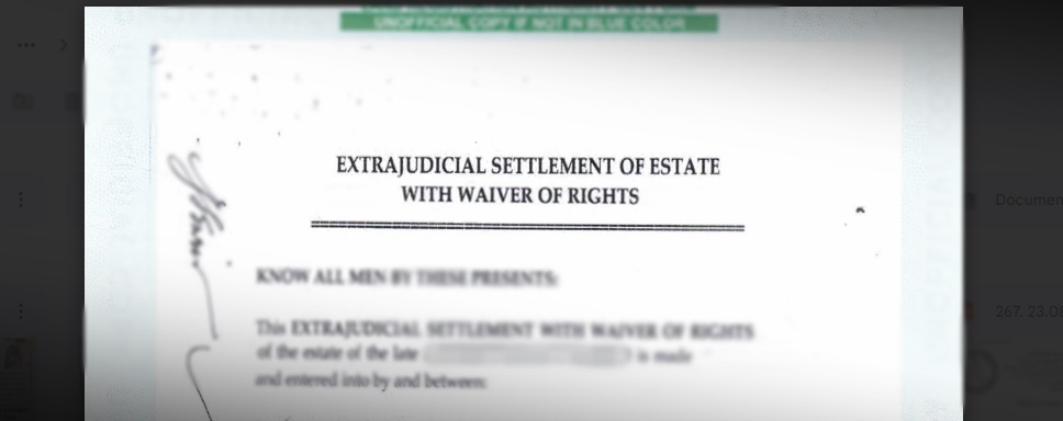 A front page of Certified Copy of Extrajudicial Settlement with Waiver of Rights