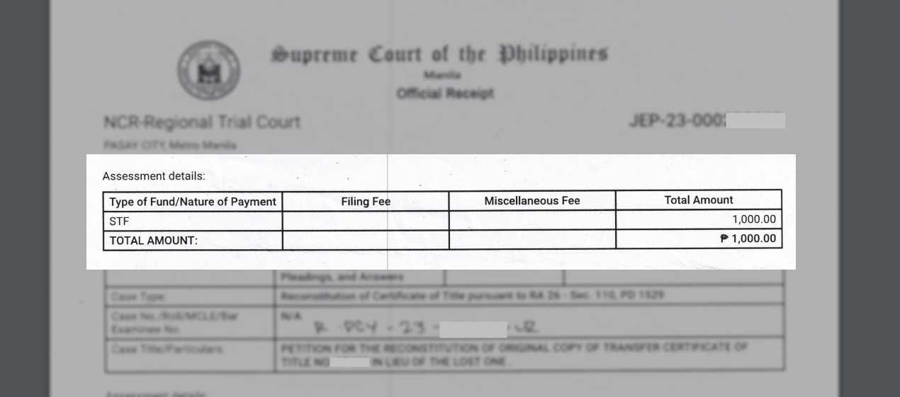 A sample supreme court official receipt for payment of the filing fee