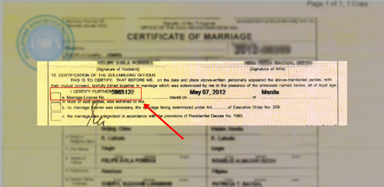 A sample of marriage certificate highlighting the Marriage License Number