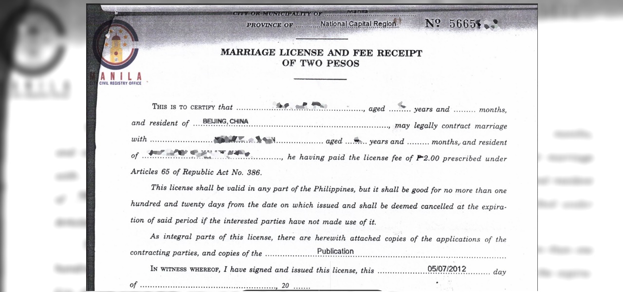 A sample marriage license certificate issued by Manila Local Civil Registry