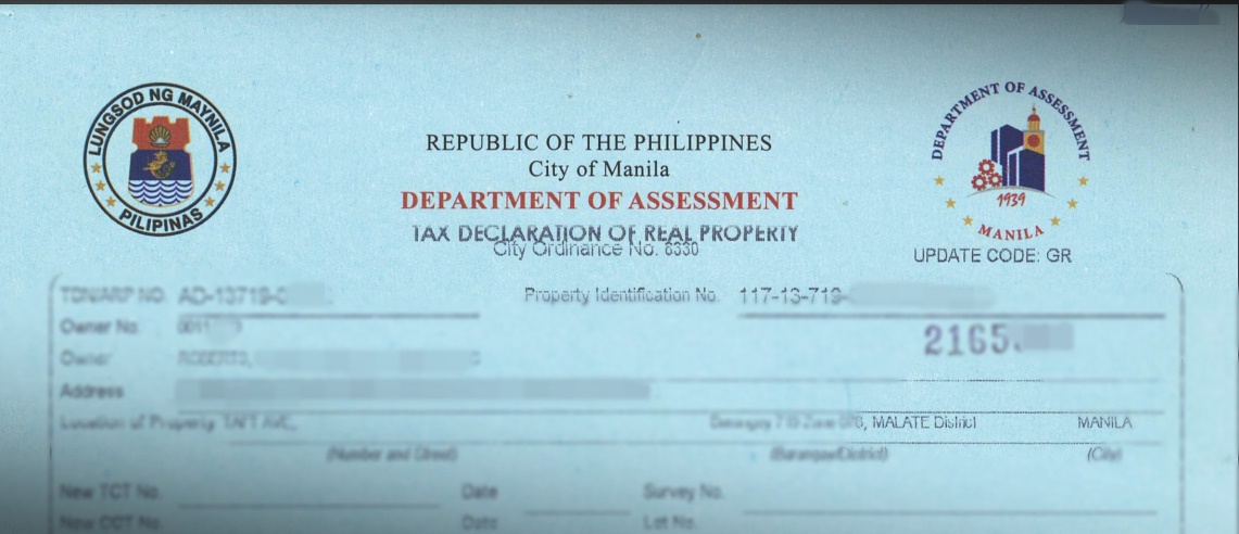 A sample of Tax Declaration issued by Manila City Hall