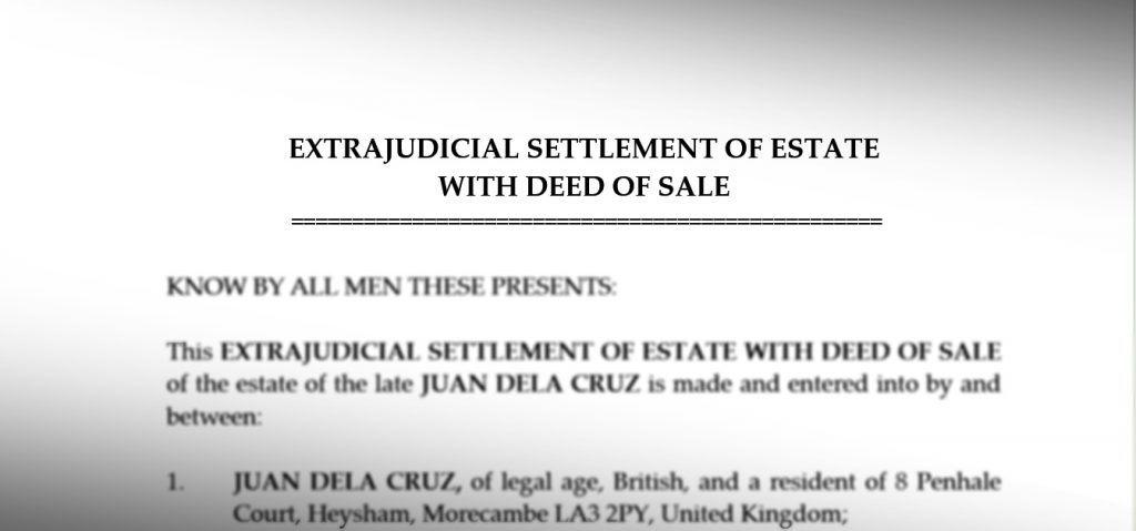 A front page of an Extrajudicial Settlement with Deed of Sale